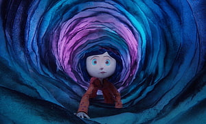 Coraline Jones Peering Through a Swirling Blue and Purple Tunnel in Stop-Motion Animation HD wallpaper