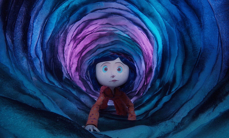 Coraline Jones Peering Through a Swirling Blue and Purple Tunnel in Stop-Motion Animation HD wallpaper