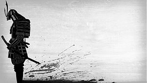 Black and White Samurai Warrior Silhouette with Katana and Ink Splatter HD wallpaper