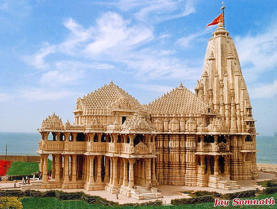 Somnath Temple in Gujarat India with intricate stone carvings and coastal backdrop HD wallpaper