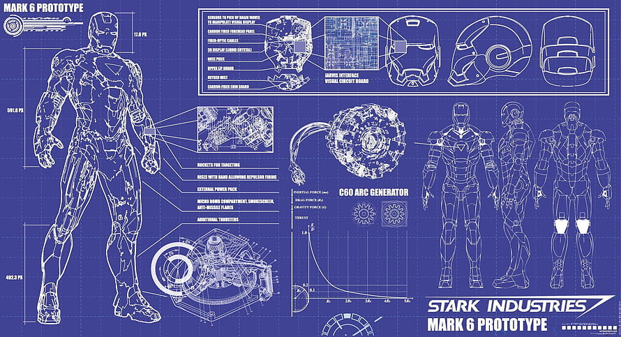 Iron Man Mark 6 Prototype Blueprint Schematic Stark Industries Technical Drawing HD wallpaper