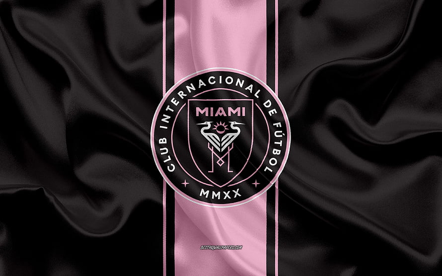 Inter Miami CF Official Club Crest on Black and Pink Silk Fabric Background HD wallpaper