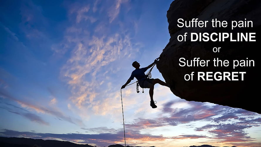 Rock Climber Silhouette at Sunset with Motivational Discipline Quote HD wallpaper