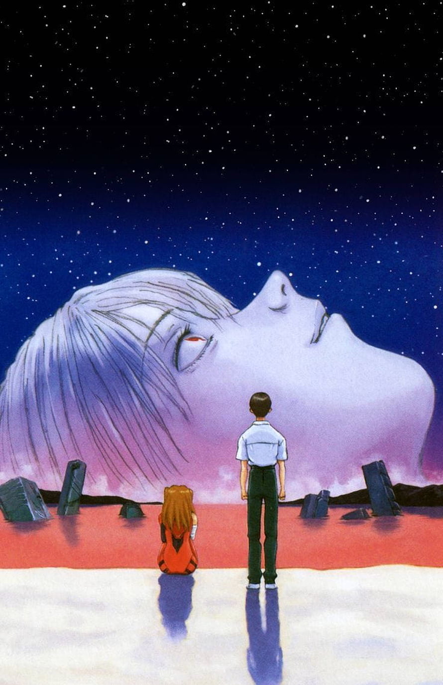 Neon Genesis Evangelion The End of Evangelion Giant Sleeping Face and Two Figures Under Starry Sky HD phone wallpaper