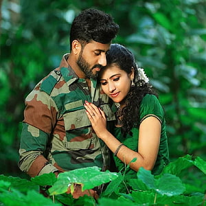 Romantic Indian Army Couple Portrait in Lush Green Forest Setting HD phone wallpaper