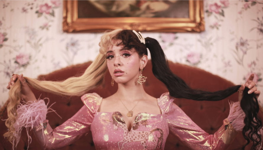 Melanie Martinez in pink metallic dress holding dual-toned pigtails against floral wallpaper HD wallpaper
