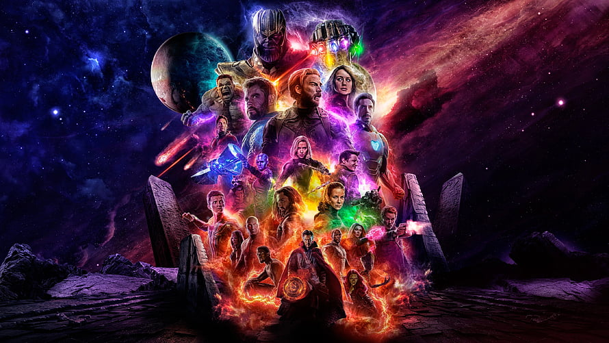 Avengers Infinity War Cosmic Ensemble Poster with Thanos and Infinity Stones HD wallpaper