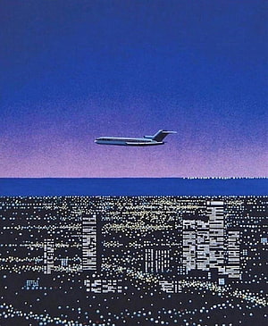 Hiroshi Nagai Aerial Cityscape with Airplane at Dusk HD phone wallpaper
