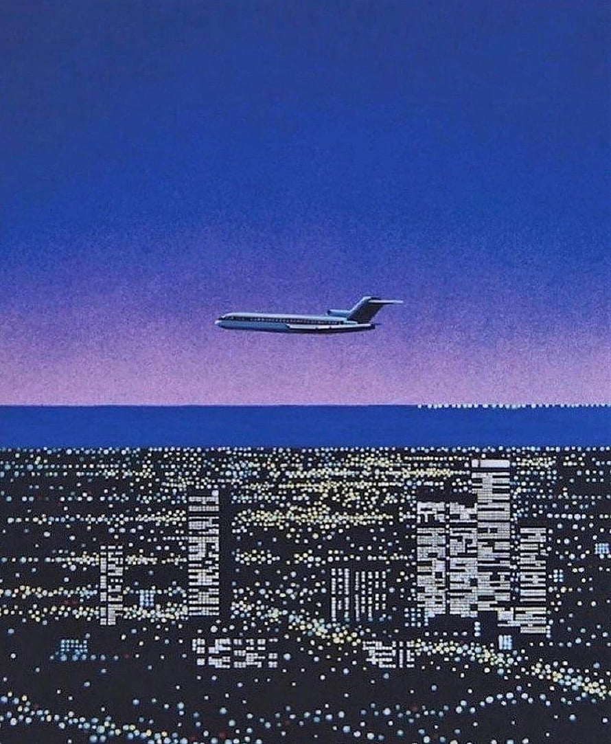 Hiroshi Nagai Aerial Cityscape with Airplane at Dusk HD phone wallpaper