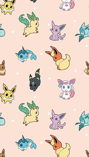 Cute Chibi Eeveelutions Pattern on Soft Pink Background HD phone wallpaper