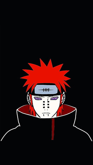 Pain from Naruto Anime Character Portrait with Red Spiky Hair and Purple Eyes on Black Background HD phone wallpaper