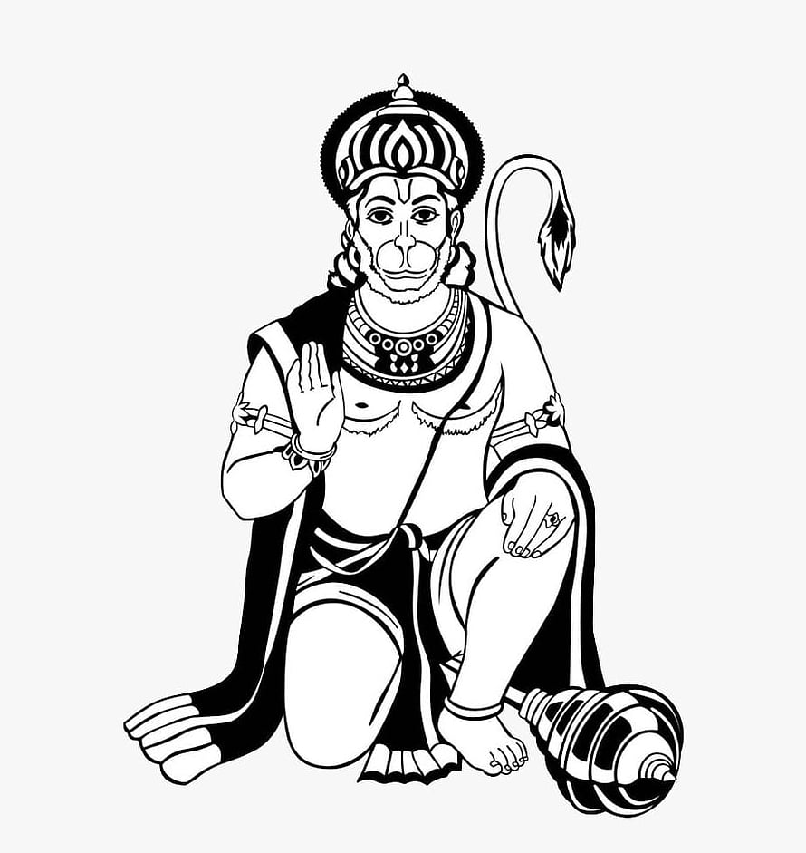 Hanuman Line Art Illustration with Mace and Crown in Traditional Indian Style HD phone wallpaper