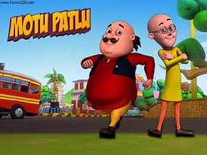 Motu Patlu 3D Animated Cartoon Characters Walking Through a Colorful Town HD wallpaper