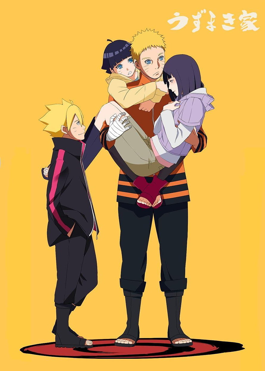 Naruto Uzumaki Family Portrait with Hinata and Children on Yellow Background HD phone wallpaper