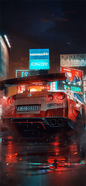Nissan GT-R R35 Rear View in Neon-Lit Cyberpunk City Rain HD phone wallpaper