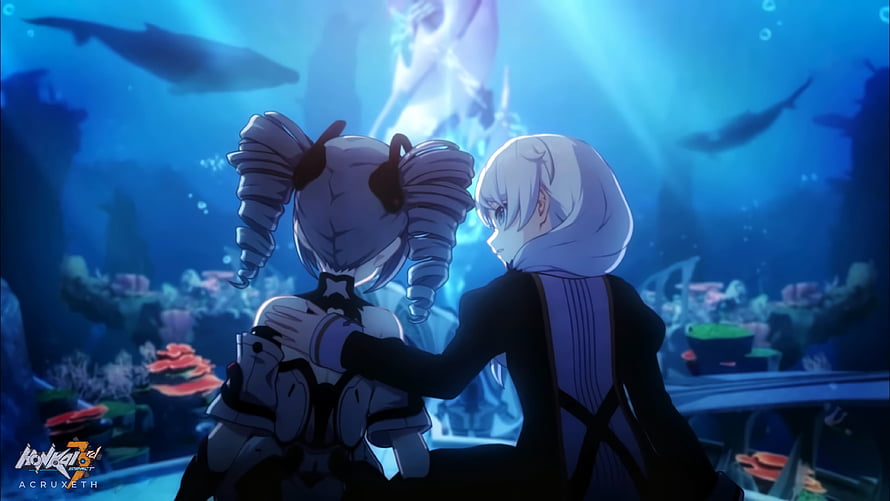 Honkai Impact 3rd A Cruxeth: Two Characters in an Underwater Aquarium Scene HD wallpaper