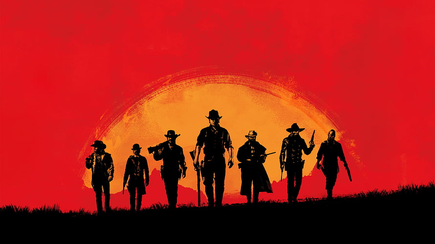 Red Dead Redemption 2 Gang Silhouettes Against Dramatic Red Sunset Sky HD wallpaper