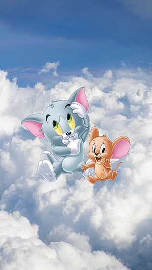 Tom and Jerry Cartoon Characters Floating Among Fluffy White Clouds in a Bright Blue Sky HD phone wallpaper