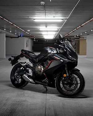 Black Honda CBR650R Sports Motorcycle Parked in Underground Garage HD phone wallpaper