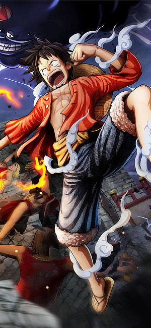 Monkey D. Luffy in Gear 5 Form Leaping Through a Chaotic Battle Scene HD phone wallpaper