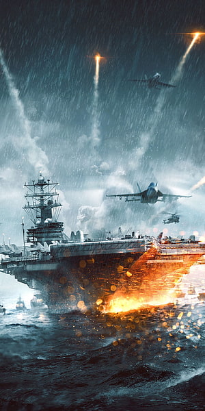 Aircraft Carrier Under Attack in Stormy Sea with Fighter Jets and Explosions HD phone wallpaper