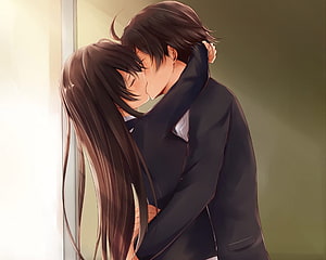 Romantic Anime Couple Sharing a Tender Kiss in School Uniforms HD wallpaper
