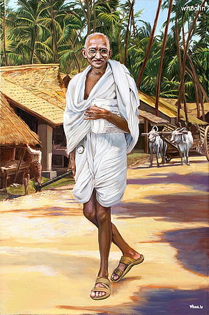 Mahatma Gandhi Walking Through a Village with Palm Trees and Thatched Huts HD phone wallpaper