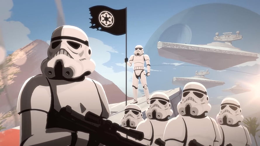Star Wars Galaxy of Adventures Stormtroopers with Imperial Flag and Star Destroyers HD wallpaper