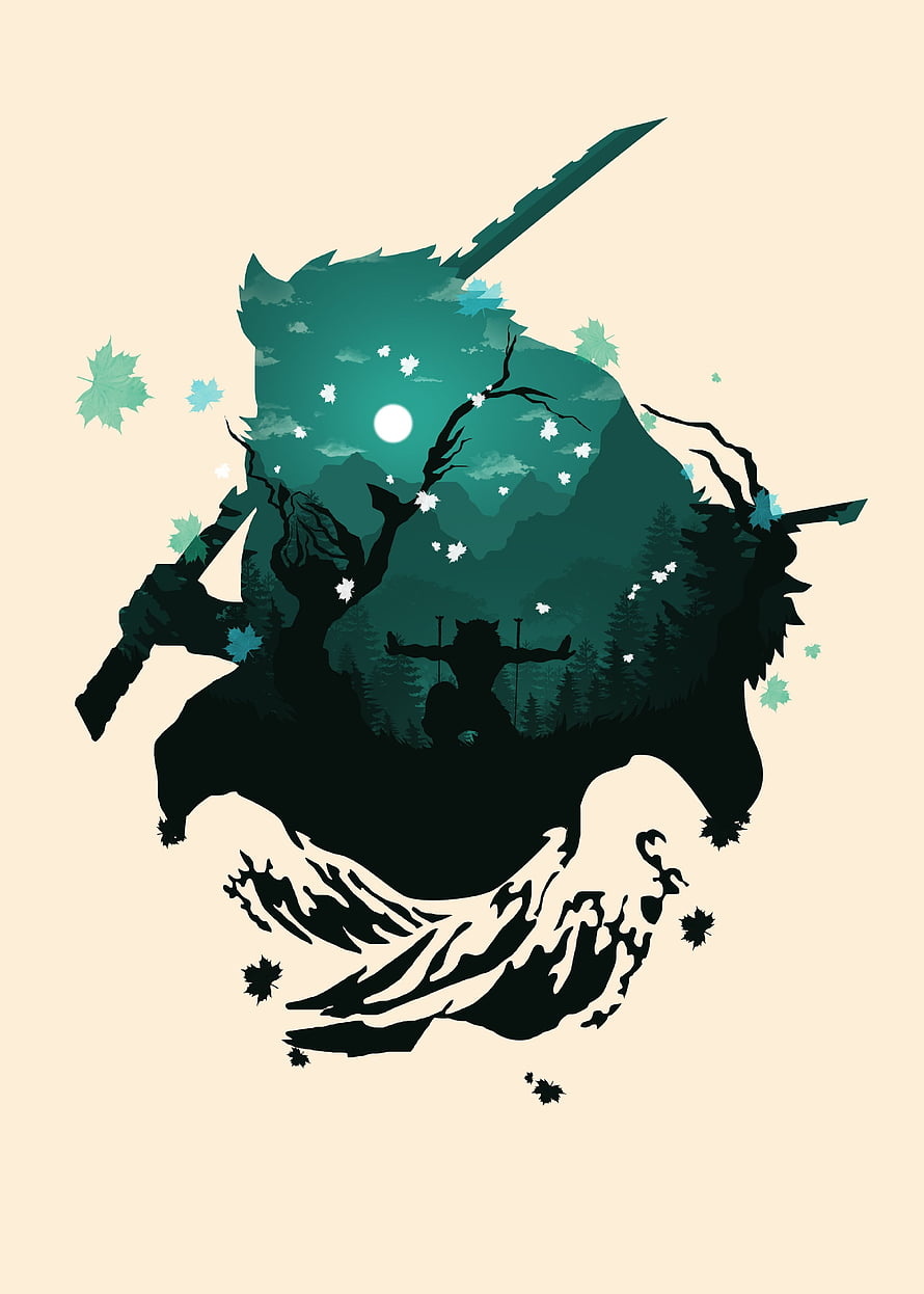 Inosuke Hashibira Demon Slayer Double Exposure Forest Landscape Art HD phone wallpaper