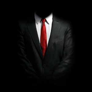 Mysterious Faceless Man in Black Suit with Red Tie Against Dark Background HD phone wallpaper