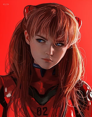 Asuka Langley Soryu in Red Plugsuit with Intense Blue Eyes and Twintails HD phone wallpaper
