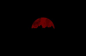 Minimalist Red Moon Rising Over Jagged Mountain Silhouette Against Black Sky HD wallpaper