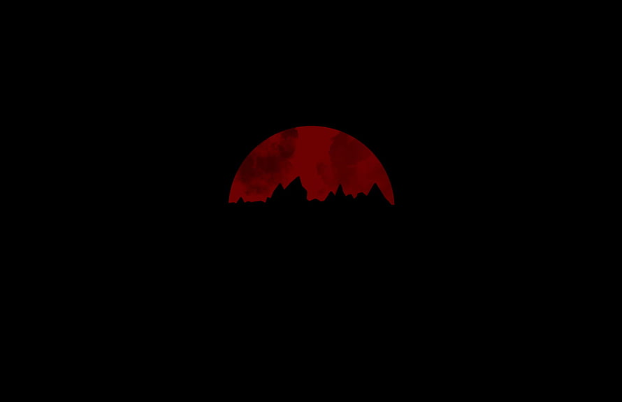 Minimalist Red Moon Rising Over Jagged Mountain Silhouette Against Black Sky HD wallpaper