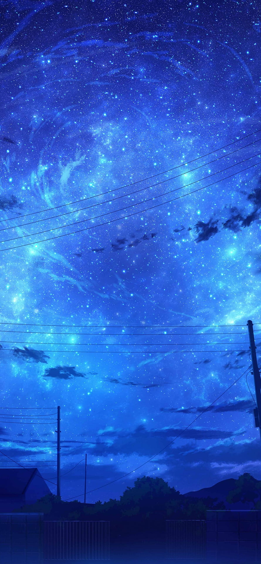 Starry Night Sky Over Suburban Landscape With Power Lines And Distant Hills HD phone wallpaper