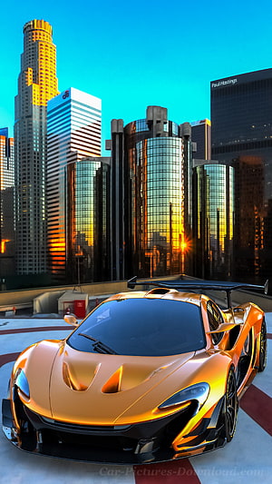 Gold McLaren P1 Hypercar Parked on Rooftop with Chicago Skyline at Sunset HD phone wallpaper