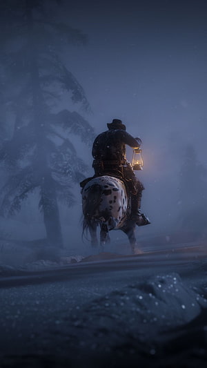 Lone Cowboy Riding Spotted Horse Through Snowy Forest at Night in Red Dead Redemption 2 HD phone wallpaper