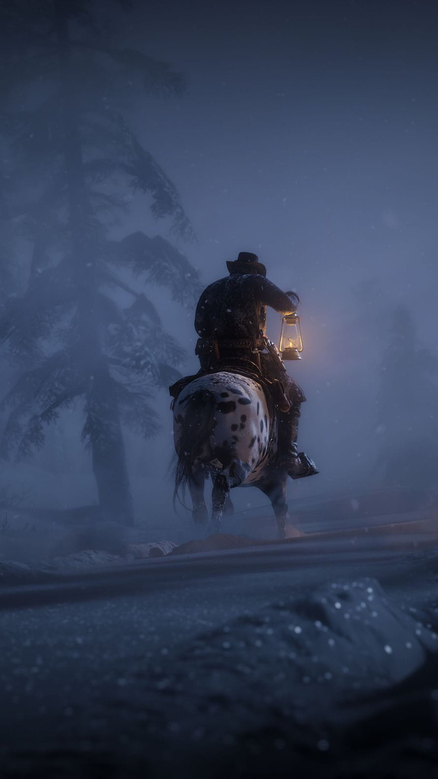 Lone Cowboy Riding Spotted Horse Through Snowy Forest at Night in Red Dead Redemption 2 HD phone wallpaper
