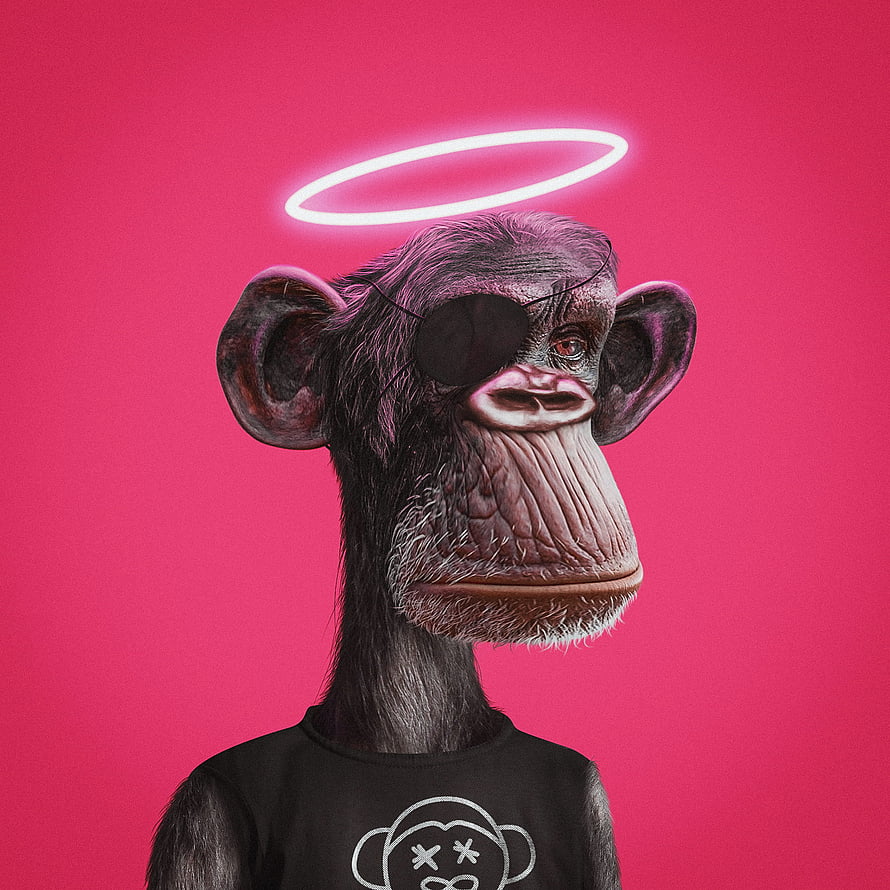 Bored Ape Yacht Club NFT Portrait with Neon Halo and Eyepatch on Pink Background HD phone wallpaper