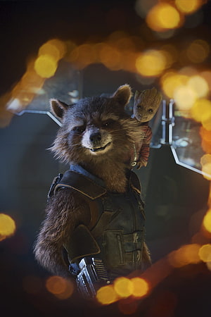 Rocket Raccoon and Baby Groot in Tactical Gear with Warm Bokeh Lighting HD phone wallpaper
