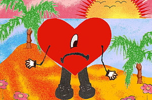 Sad Red Heart Character on Tropical Island with Palm Trees and Flowers HD wallpaper