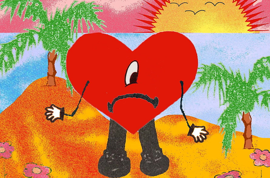Sad Red Heart Character on Tropical Island with Palm Trees and Flowers HD wallpaper