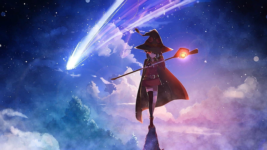 Megumin from KonoSuba Standing on a Spire Under a Starry Sky with a Shooting Star HD wallpaper
