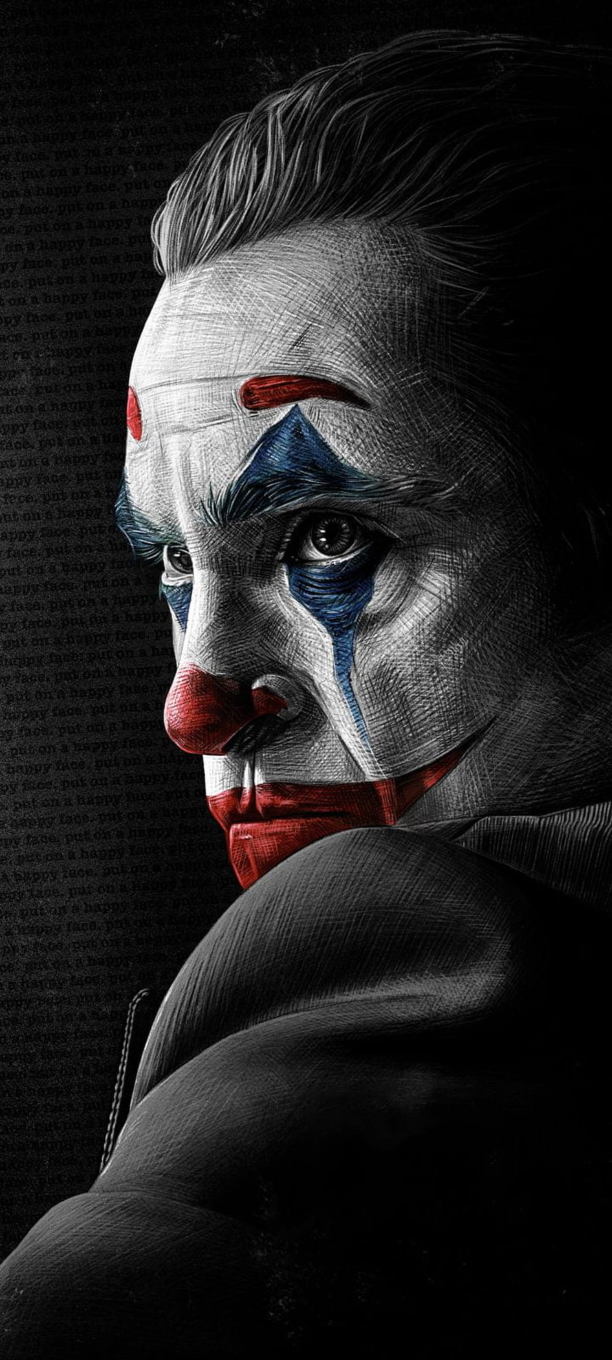 Joaquin Phoenix as the Joker in a dramatic monochrome portrait with red and blue clown makeup HD phone wallpaper