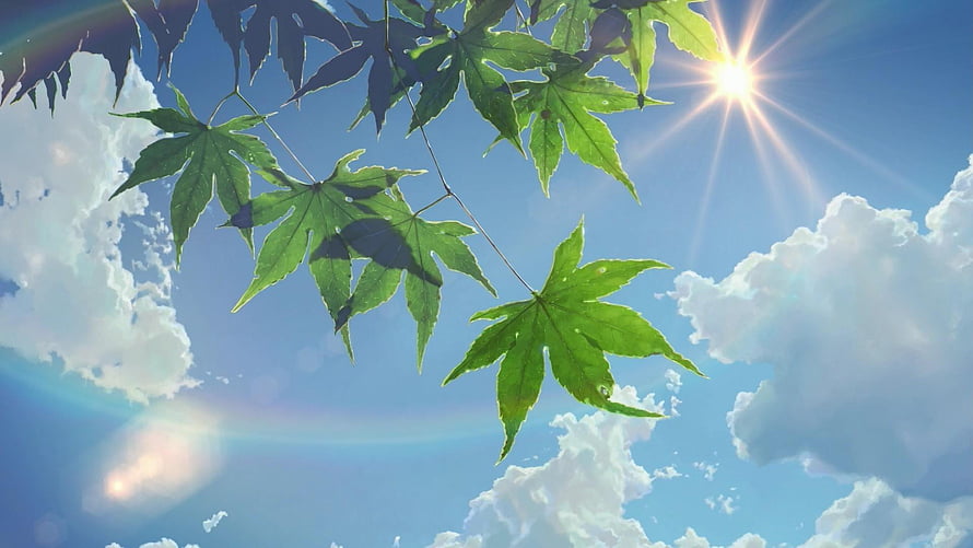 Makoto Shinkai Style Green Maple Leaves Against Bright Blue Sky With Sun Flare HD wallpaper