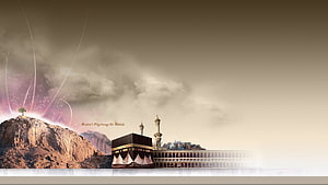 Sacred Kaaba in Mecca with Minarets and Desert Landscape Under Dramatic Sky HD wallpaper