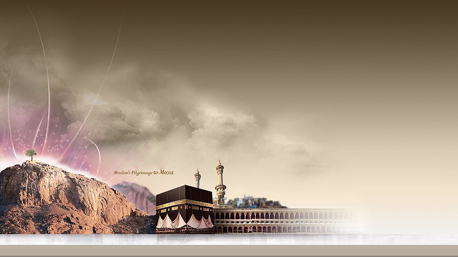 Sacred Kaaba in Mecca with Minarets and Desert Landscape Under Dramatic Sky HD wallpaper
