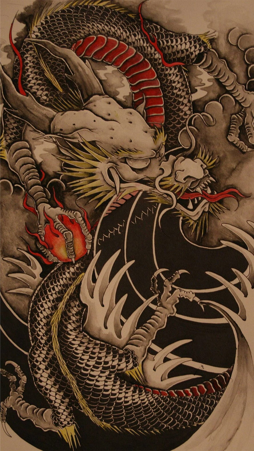 Traditional Japanese Irezumi Dragon Tattoo Design with Red Accents and Clouds HD phone wallpaper