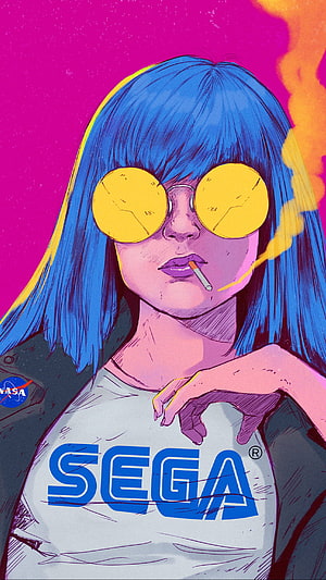 Pop Art Illustration of Woman with Blue Hair and Yellow Sunglasses Wearing Sega T-Shirt HD phone wallpaper