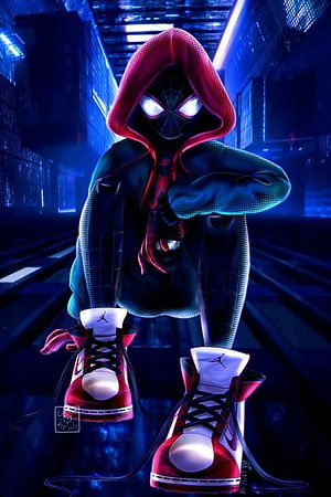 Miles Morales Spider-Man in Red Hoodie and Jordan Sneakers in Neon City HD phone wallpaper