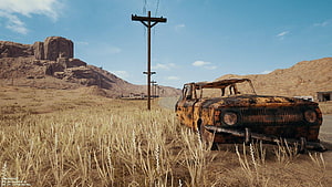 PUBG Miramar Desert Landscape with Rusty Abandoned Car and Power Lines HD wallpaper